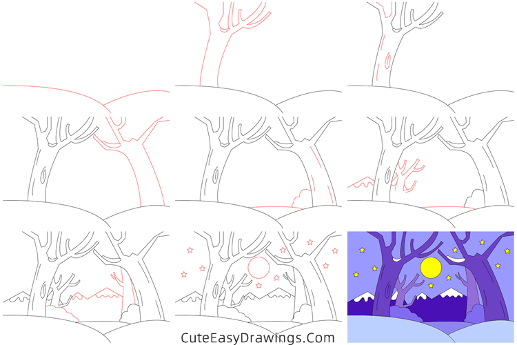how to draw a snowy night - www.cuteeasydrawings.com