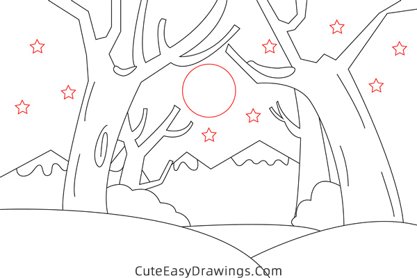 how to draw a snowy night - www.cuteeasydrawings.com