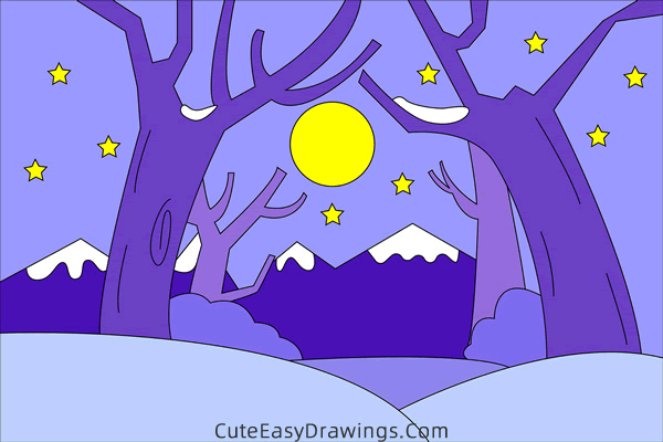 how to draw a snowy night - www.cuteeasydrawings.com