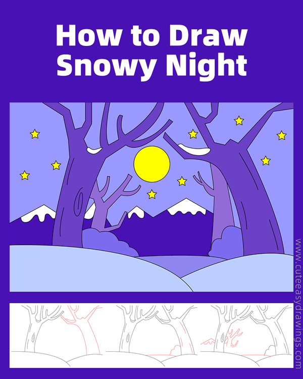 how to draw a snowy night - www.cuteeasydrawings.com