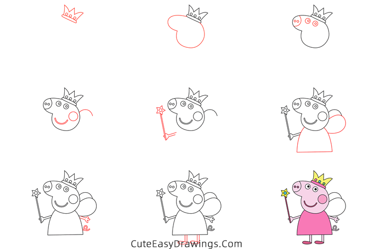 how to draw peppa pig wearing crown - www.cuteeasydrawings.com