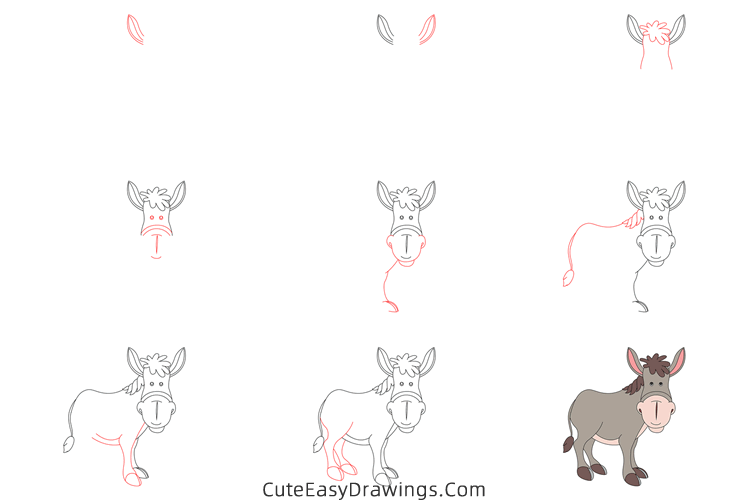 how to draw a cartoon donkey - www.cuteeasydrawings.com