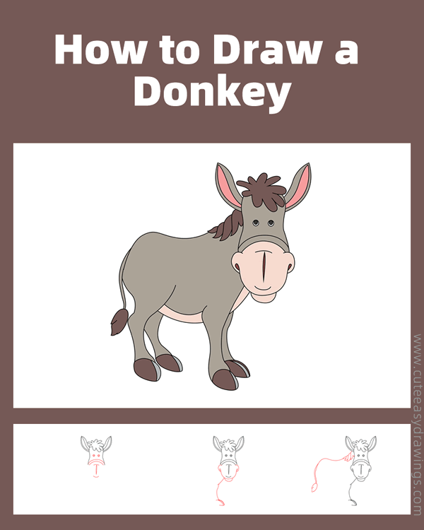 how to draw a cartoon donkey - www.cuteeasydrawings.com