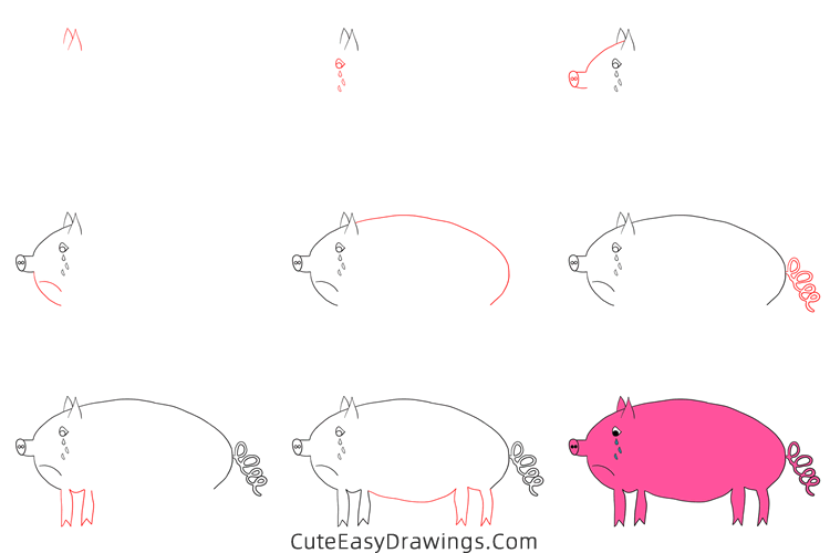 how to draw a sad pig - www.cuteeasydrawings.com