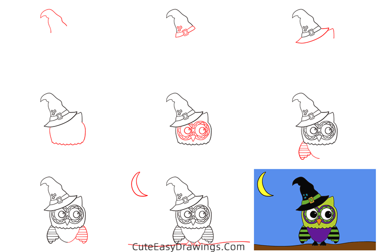 how to draw an owl in halloween - www.cuteeasydrawings.com