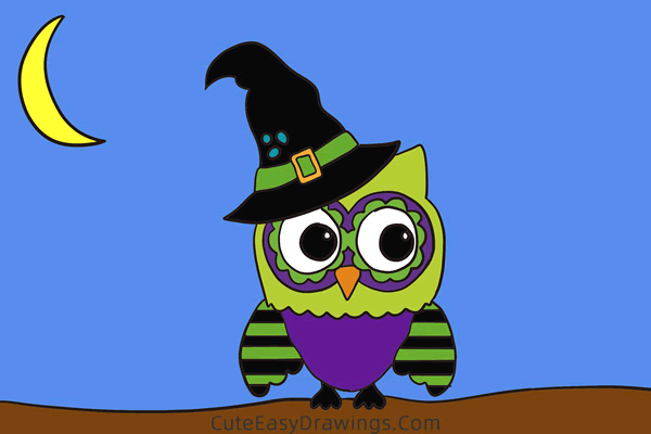 how to draw an owl in halloween - www.cuteeasydrawings.com