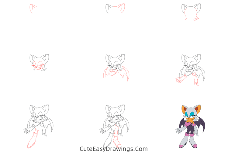 how to draw rouge the bat - www.cuteeasydrawings.com