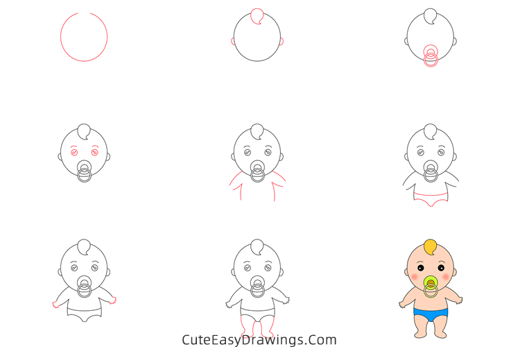 how to draw a baby with a pacifier - www.cuteeasydrawings.com
