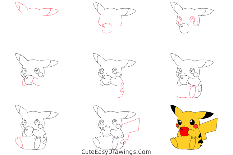 how to draw pikachu with an apple - www.cuteeasydrawings.com