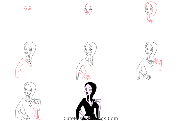 how to draw morticia addams from the addams family - www.cuteeasydrawings.com