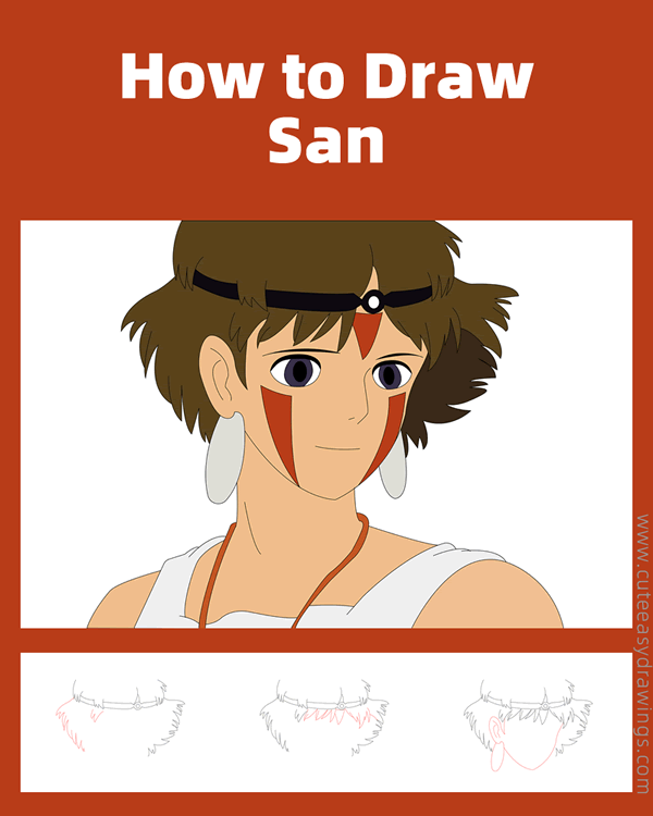 how to draw san face from princess mononoke - www.cuteeasydrawings.com