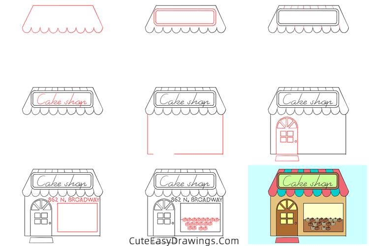 how to draw a cake shop - www.cuteeasydrawings.com