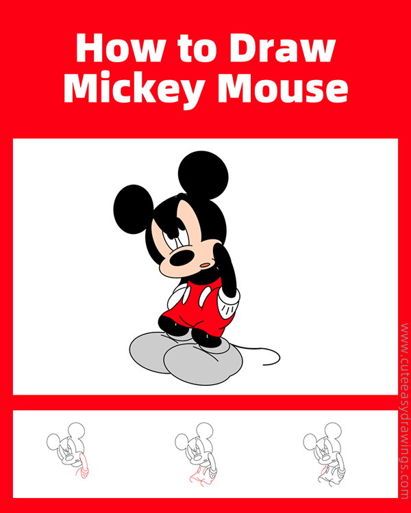 how to draw mickey mouse thinking - www.cuteeasydrawings.com