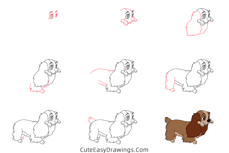 how to draw lady with a bone from lady and the tramp - www.cuteeasydrawings.com