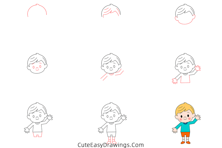 how to draw a boy waving hello - www.cuteeasydrawings.com