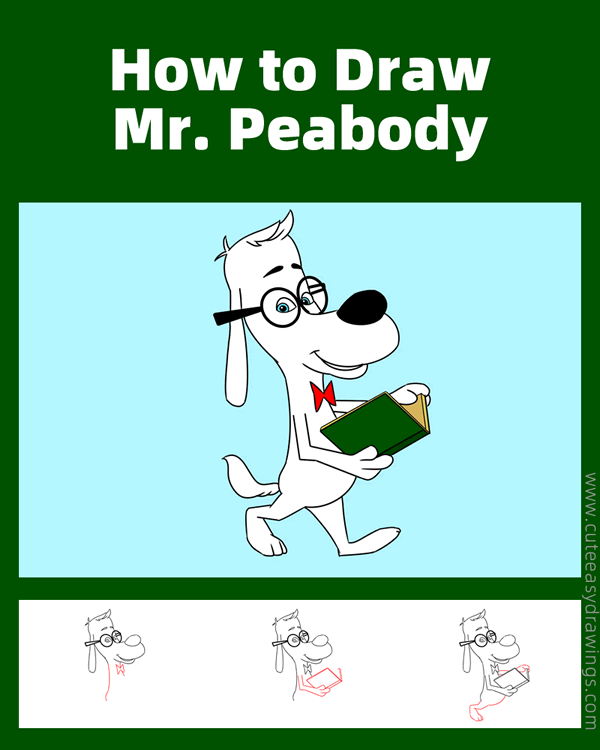 how to draw mr peabody with a book - www.cuteeasydrawings.com