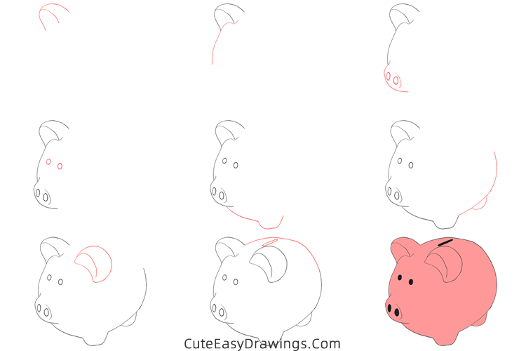 how to draw a piggy bank - www.cuteeasydrawings.com